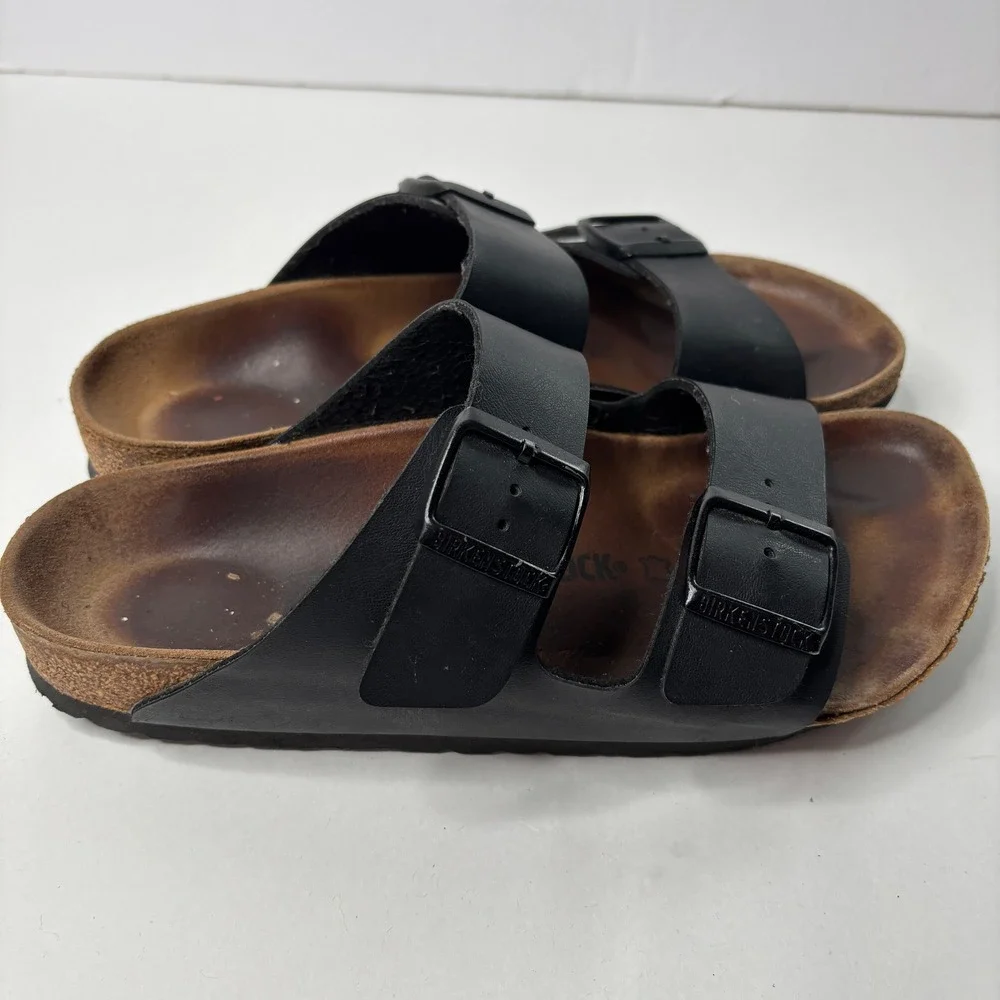 Birkenstock FLAWED Arizona Black Birko-Flor Double Strap Cork Slide Sandals 39 8
